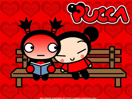 Pucca and Garu sitting on a bank