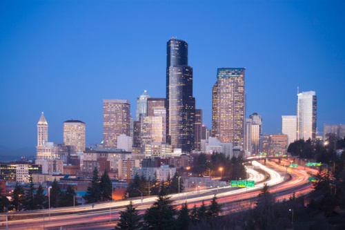  Seattle Skyline And Highway At Dawn