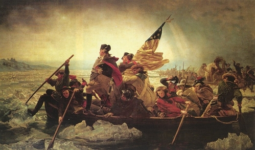 What famous Revolutionary War figure is depicted in this painting by Emanuel Leutze?