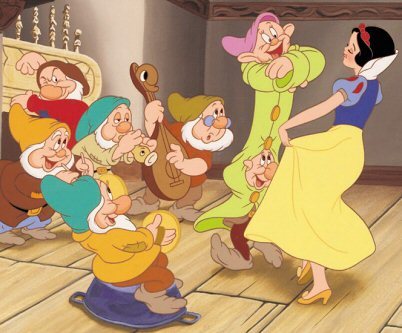  Whose shoulders does Dopey stand on to dance with snow white?