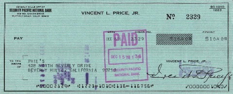  Vincent Price cheque
