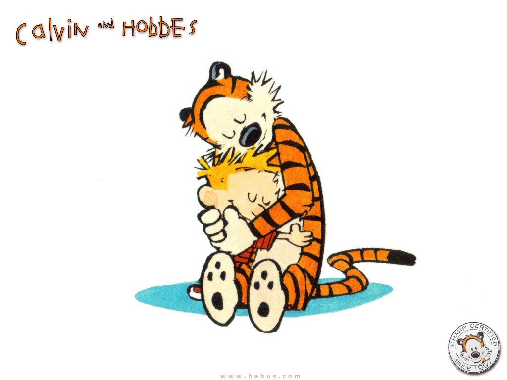 Calvin and Hobbes hugging.