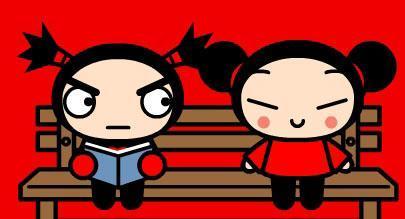 Pucca and Garu sitting on a bench 